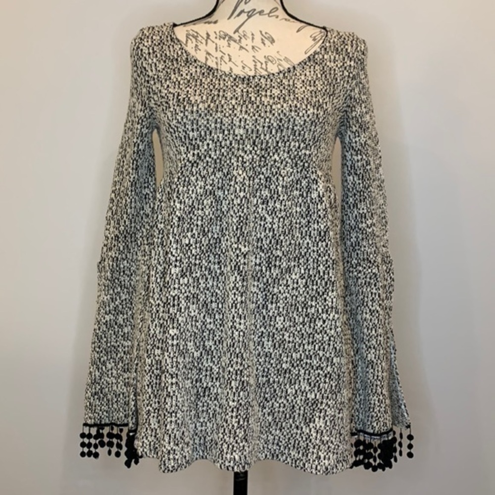 Caramela stretch scoop neck baby doll sweater with bell pom pom sleeves S